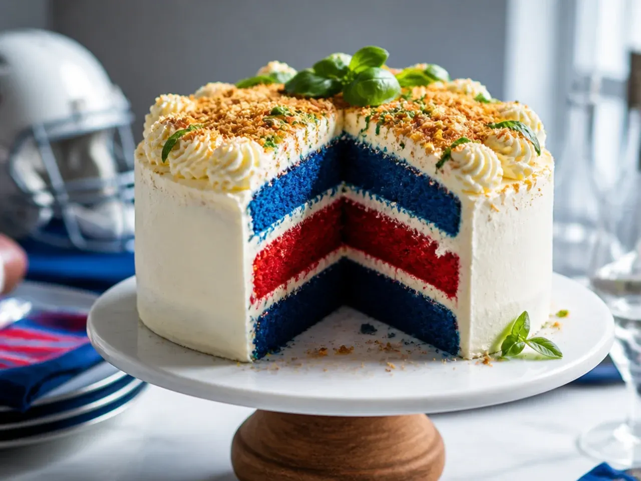 Cut slice of cake revealing a swirl of team-coloured sponge inside a plain chocolate frosted exterior