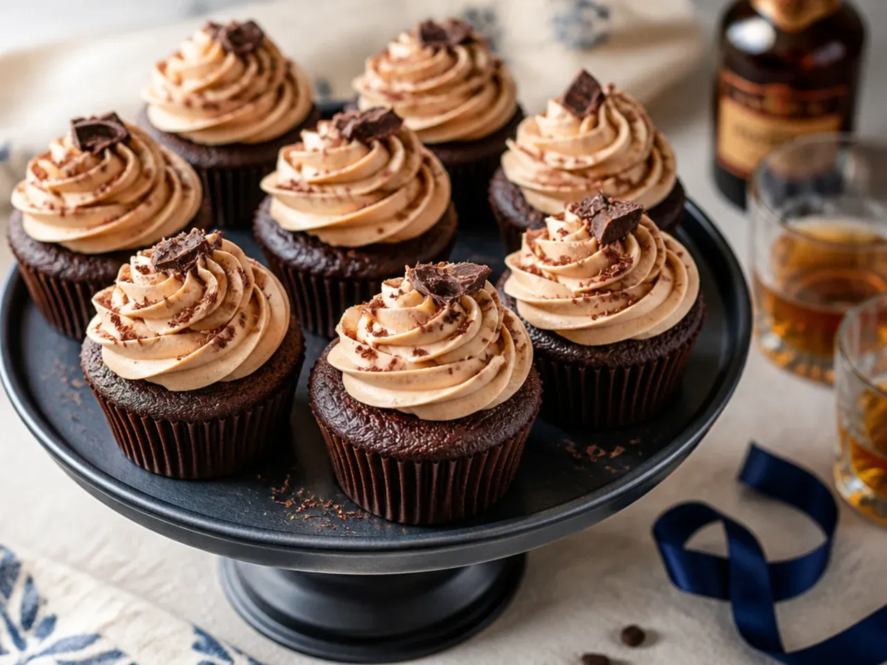 Batch of chocolate cupcakes topped with caramel buttercream and chocolate-covered coffee beans