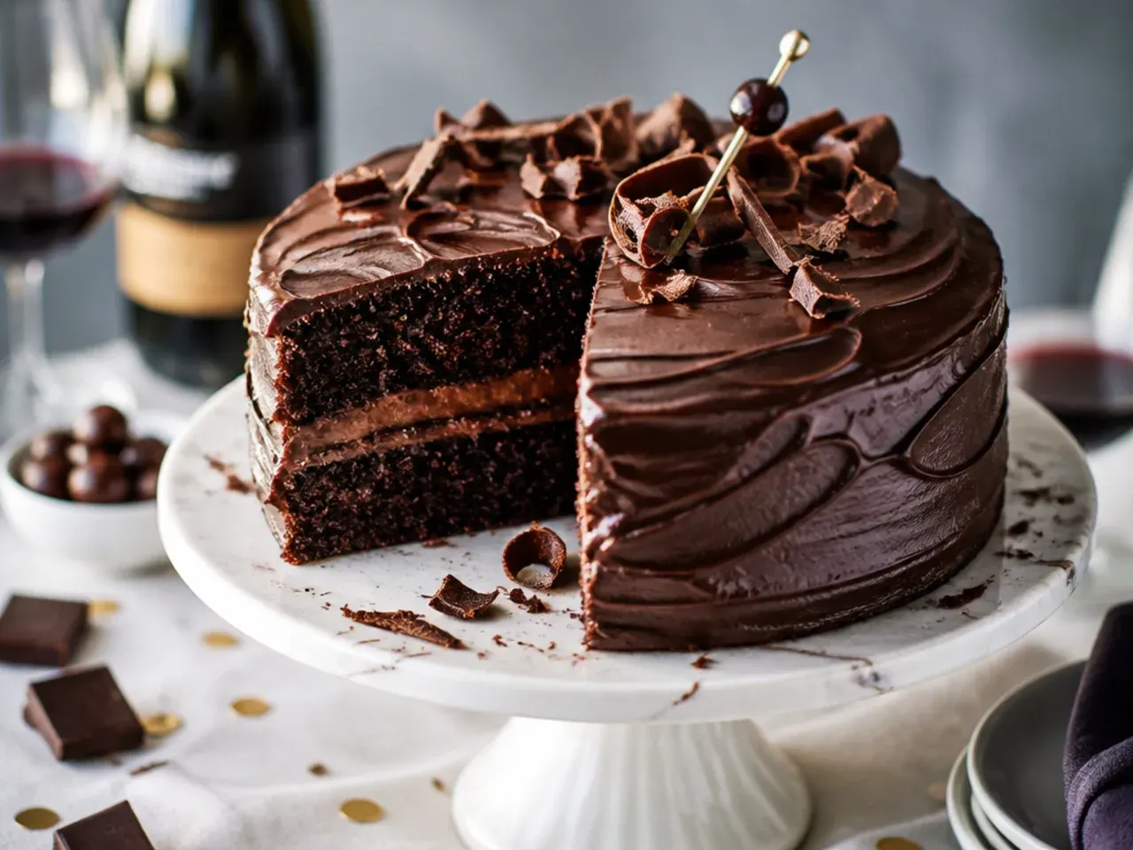 Bowl of dark chocolate cake batter next to butter, eggs and a bottle of stout on a kitchen counter