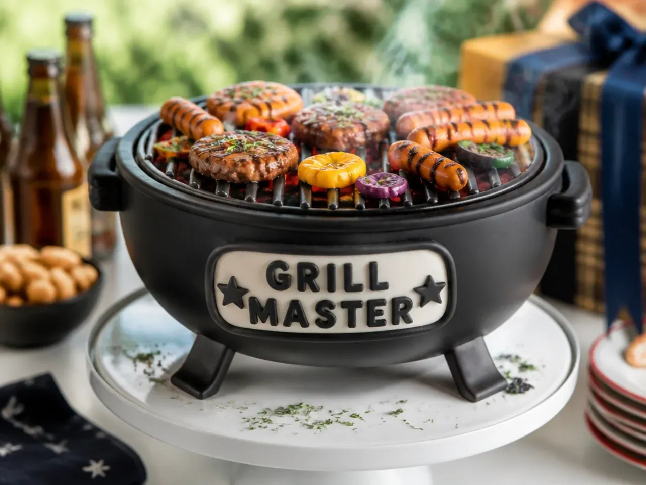 Rectangular cake carved and iced to resemble a barbecue grill, with chocolate discs on top