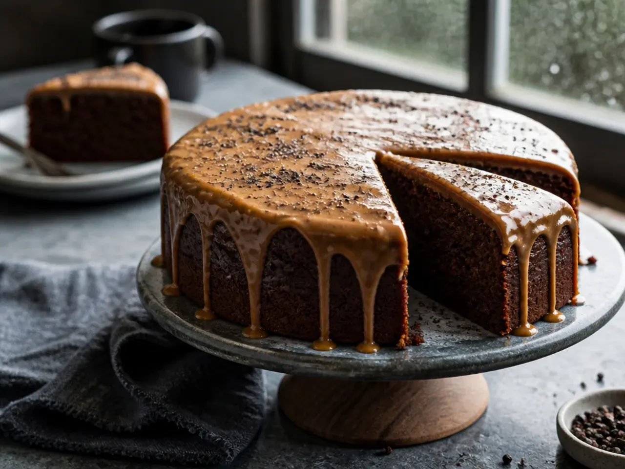 Caramel-frosted cake with toffee sauce dripping down the sides and honeycomb shards on top