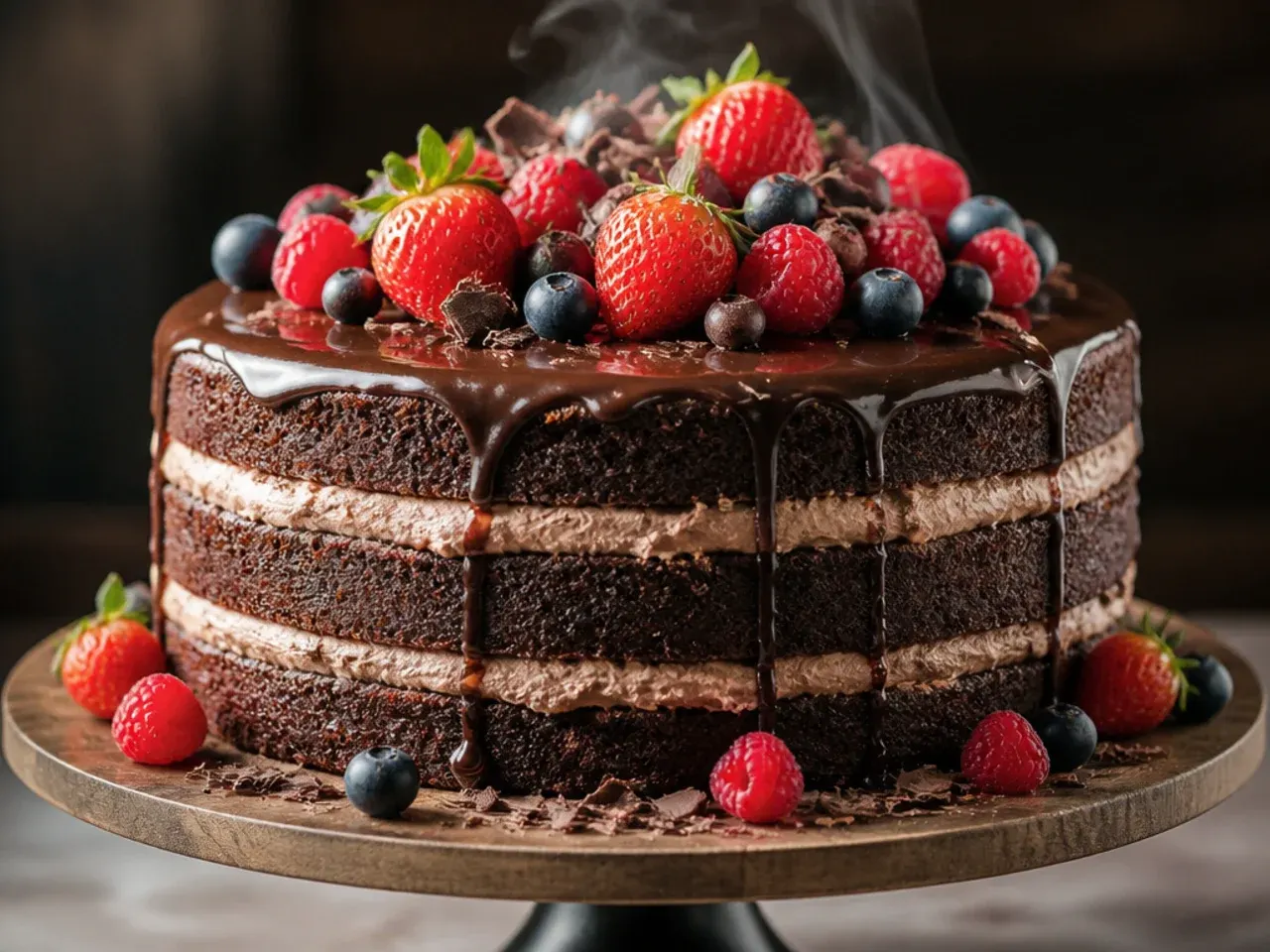 Naked layer cake with visible dark sponge layers and caramel filling, dusted lightly with cocoa on top