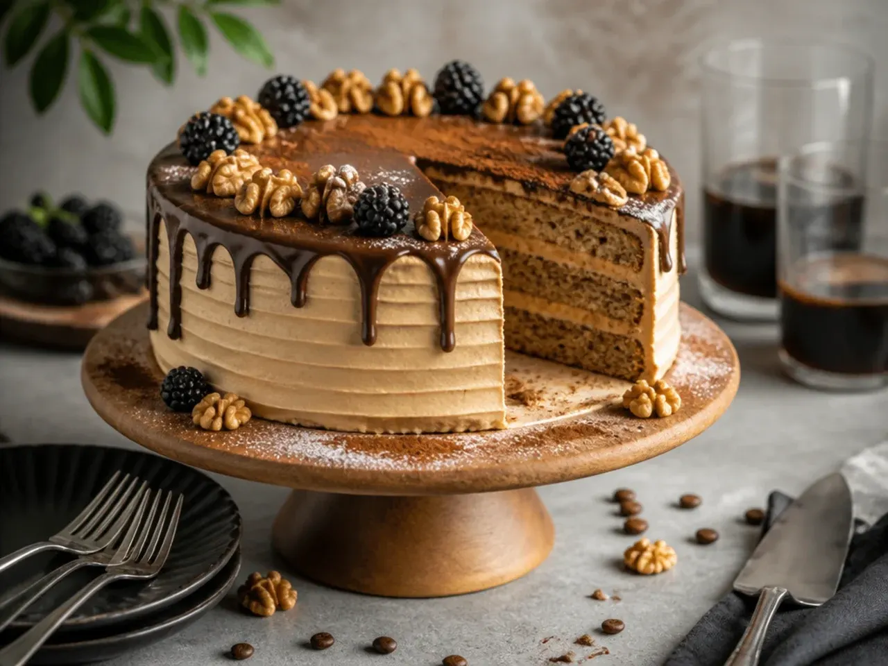 Coffee-speckled cake with cream cheese icing and a neat ring of walnut halves on top