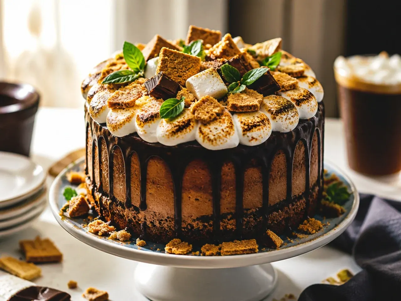 Chocolate cake with toasted marshmallows and melted chocolate drizzle around the base