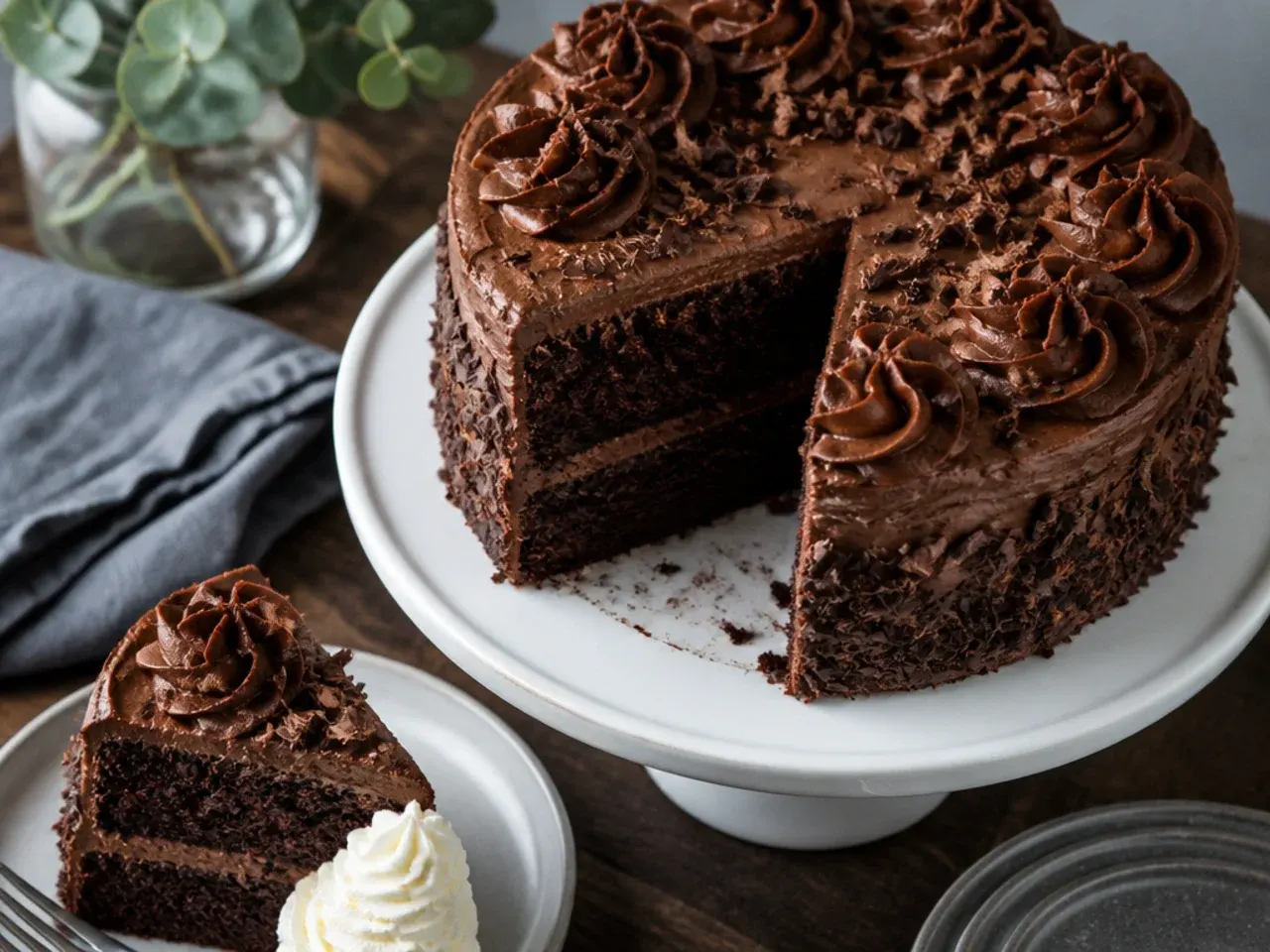 Dense double chocolate fudge cake with thick glossy ganache poured over the top