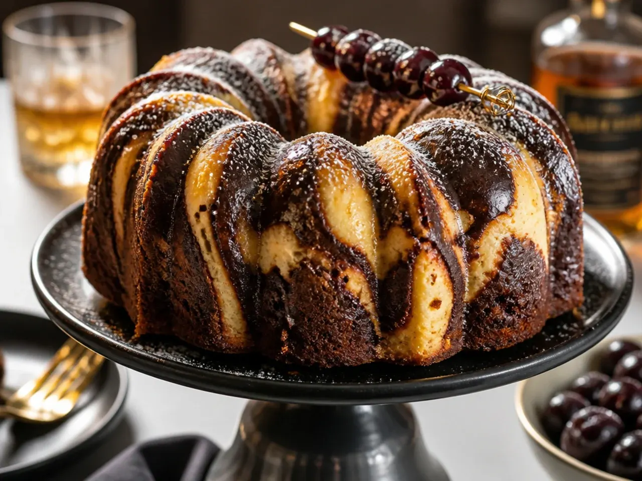 Bundt-shaped cake with a whisky glaze dripping into the ridges and a hidden cream cheese swirl inside