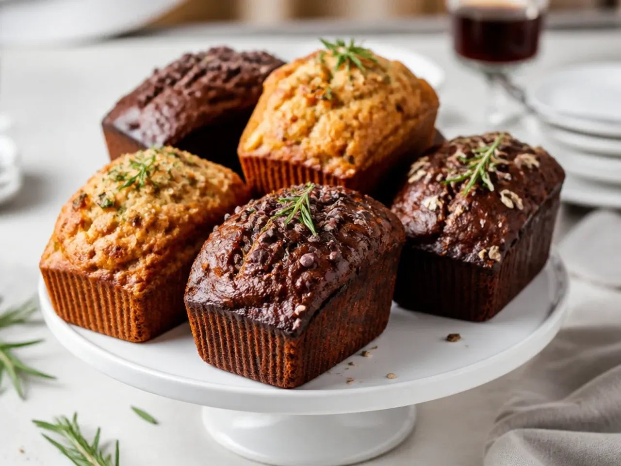 Row of small chocolate loaf cakes iced with caramel buttercream, wrapped individually