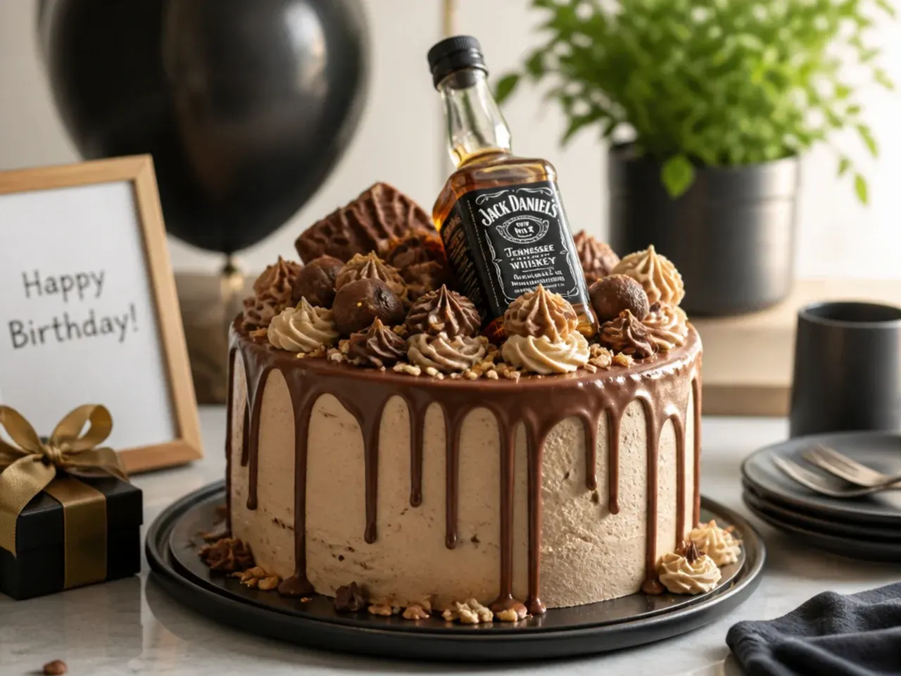 Slice of chocolate caramel cake served on a plate with a small glass of whisky and a cup of coffee alongside