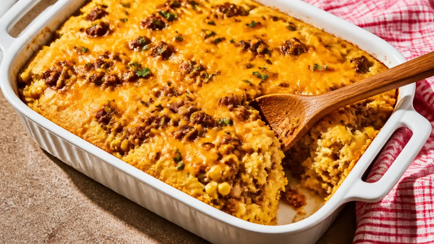 A baking dish of mexican cornbread casserole jiffy with a golden cornbread topping, melted cheese and jalapeño slices