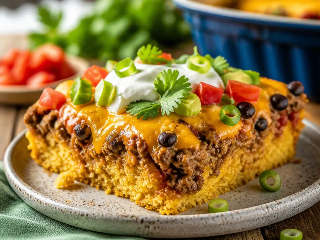 Overhead shot of a bubbling mexican cornbread casserole jiffy fresh from the oven with melted cheese