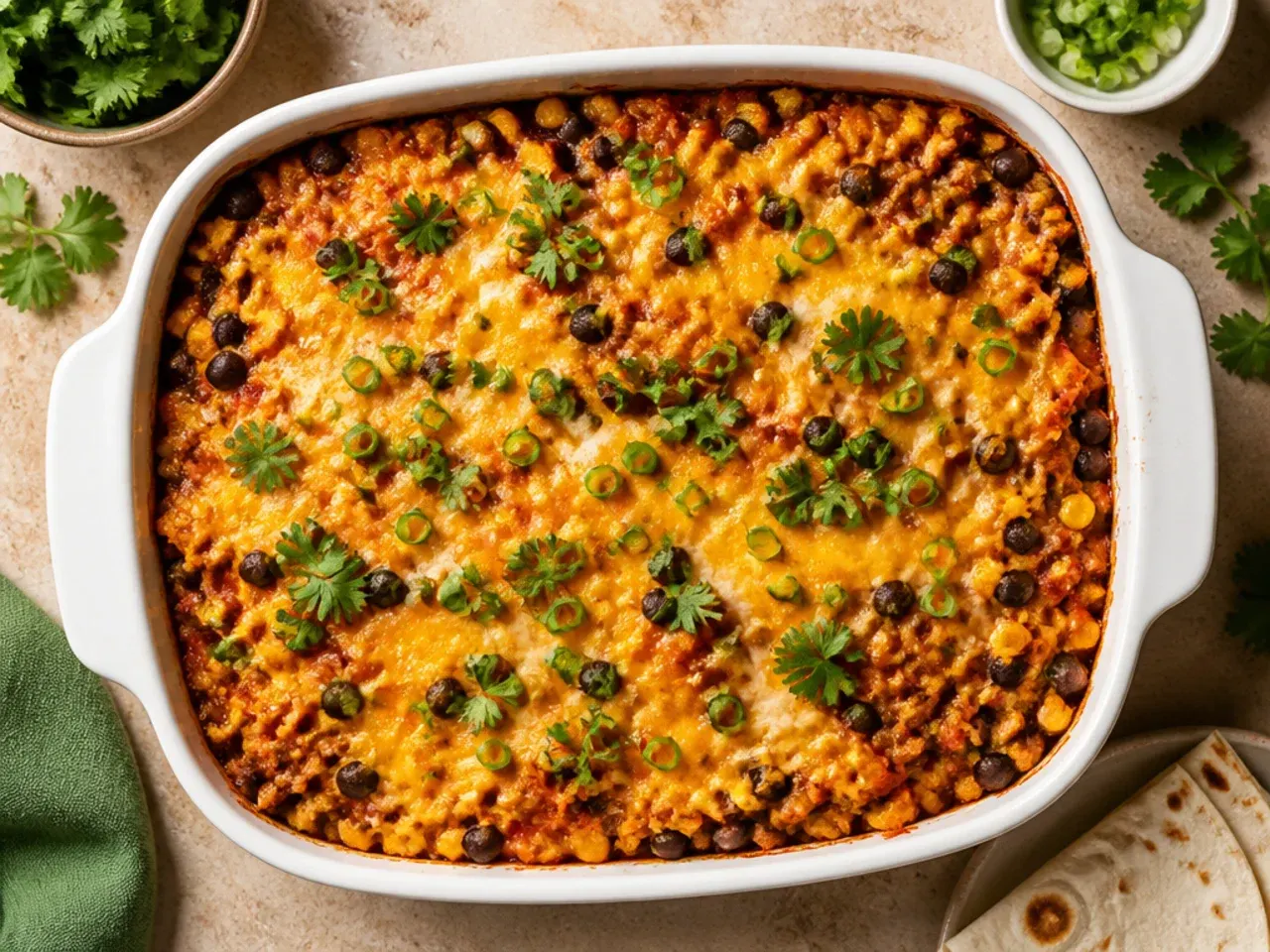 Classic beef and black bean cornbread casserole in a white baking dish