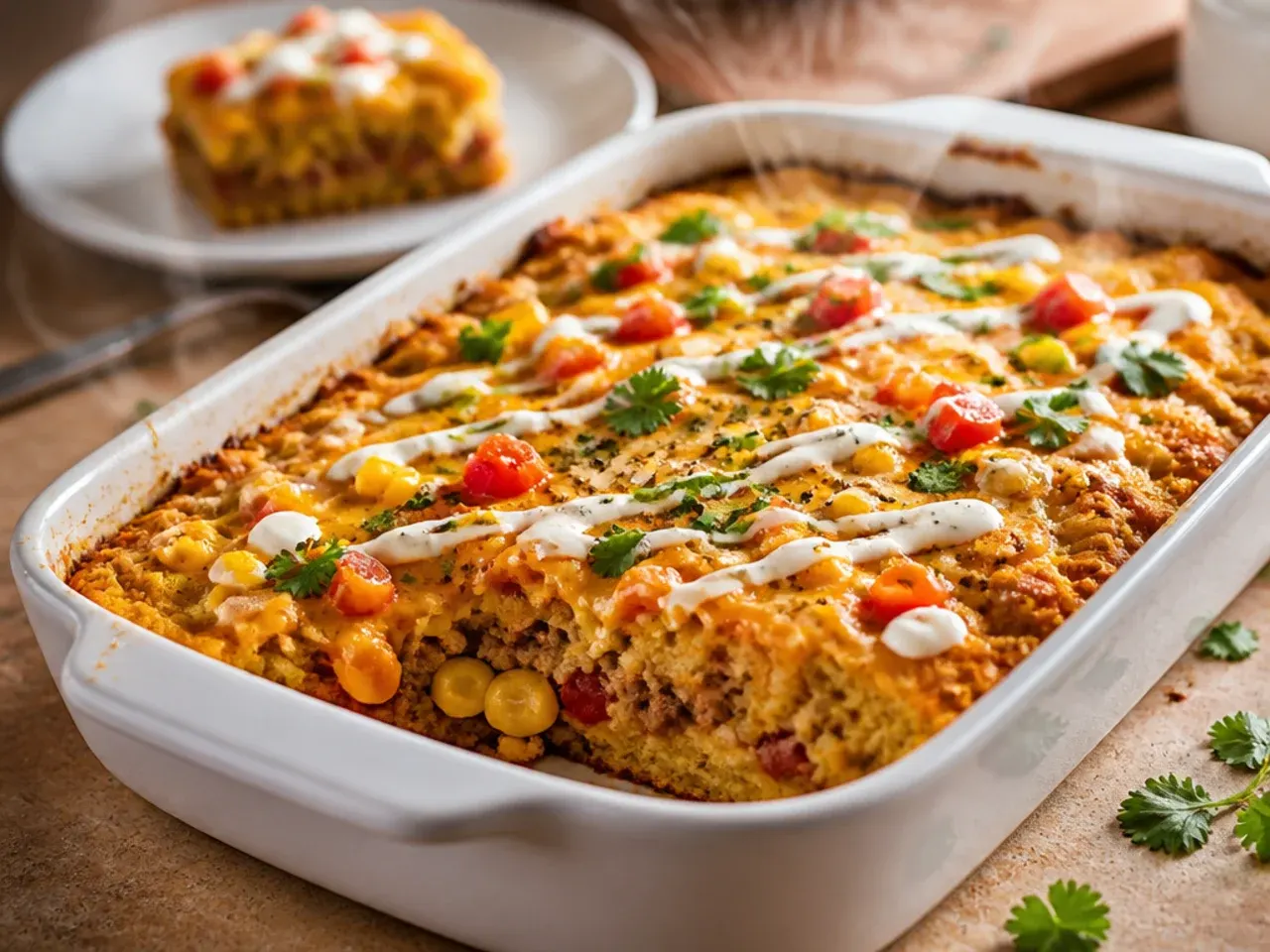 Cast iron skillet mexican cornbread casserole with a crisp golden edge