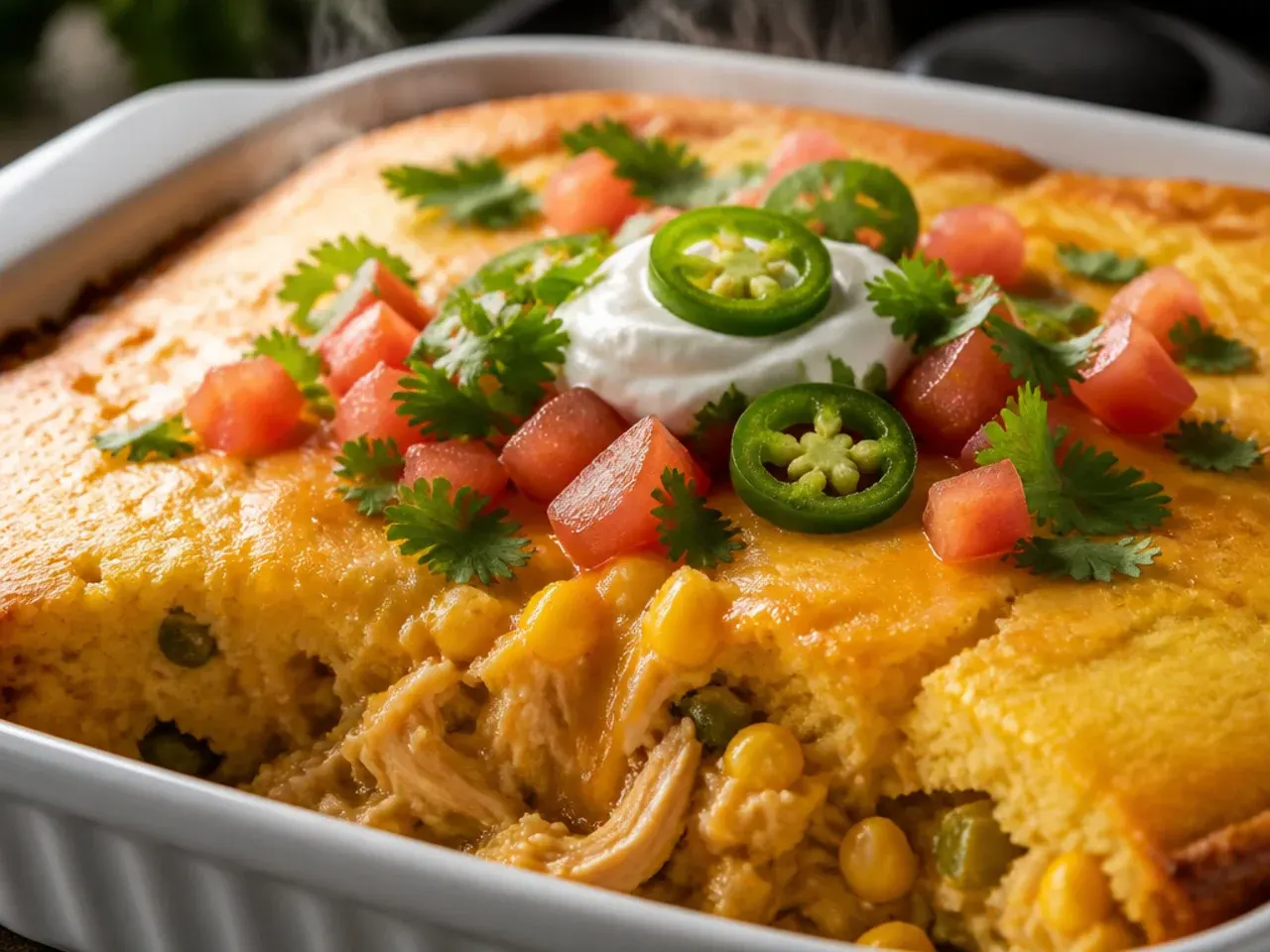 Shredded chicken and green chilli cornbread casserole in a ceramic dish