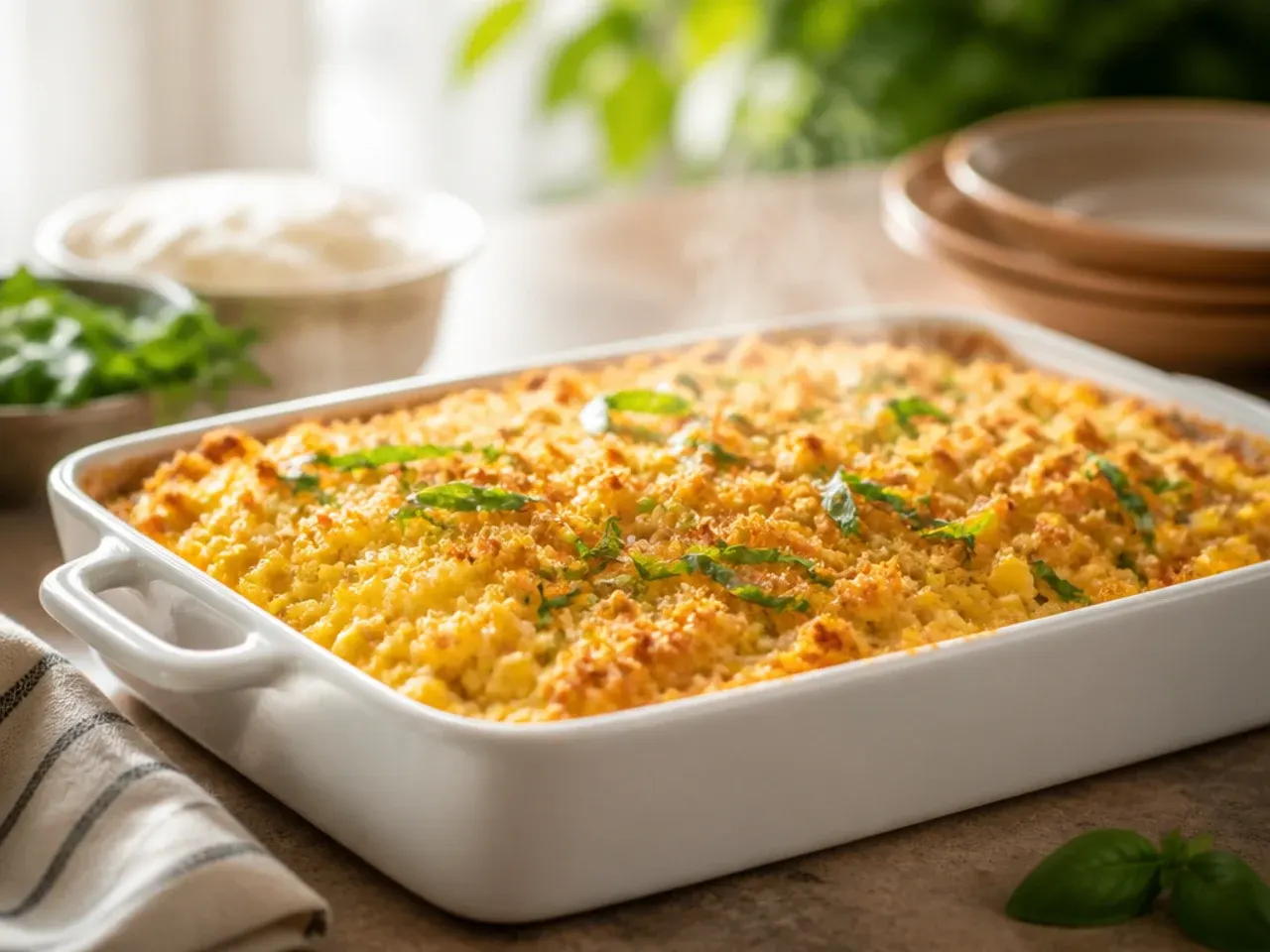 Creamy custard-like cornbread topping being spooned from a casserole dish