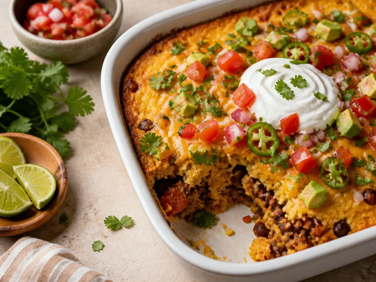 Loaded taco-style cornbread casserole topped with lettuce, tomato and sour cream