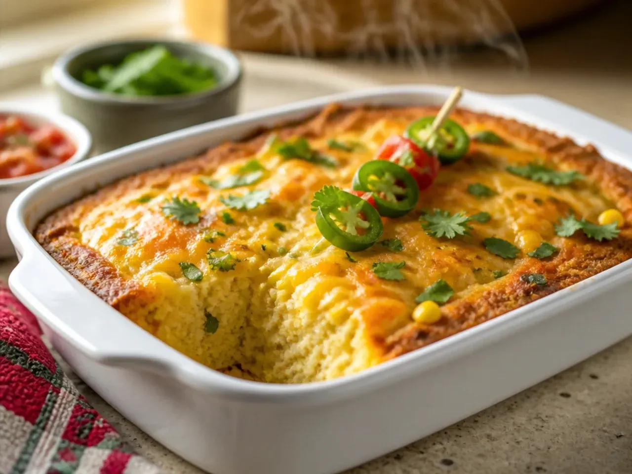 Cross-section of a double cheese mexican cornbread casserole showing melted cheddar throughout