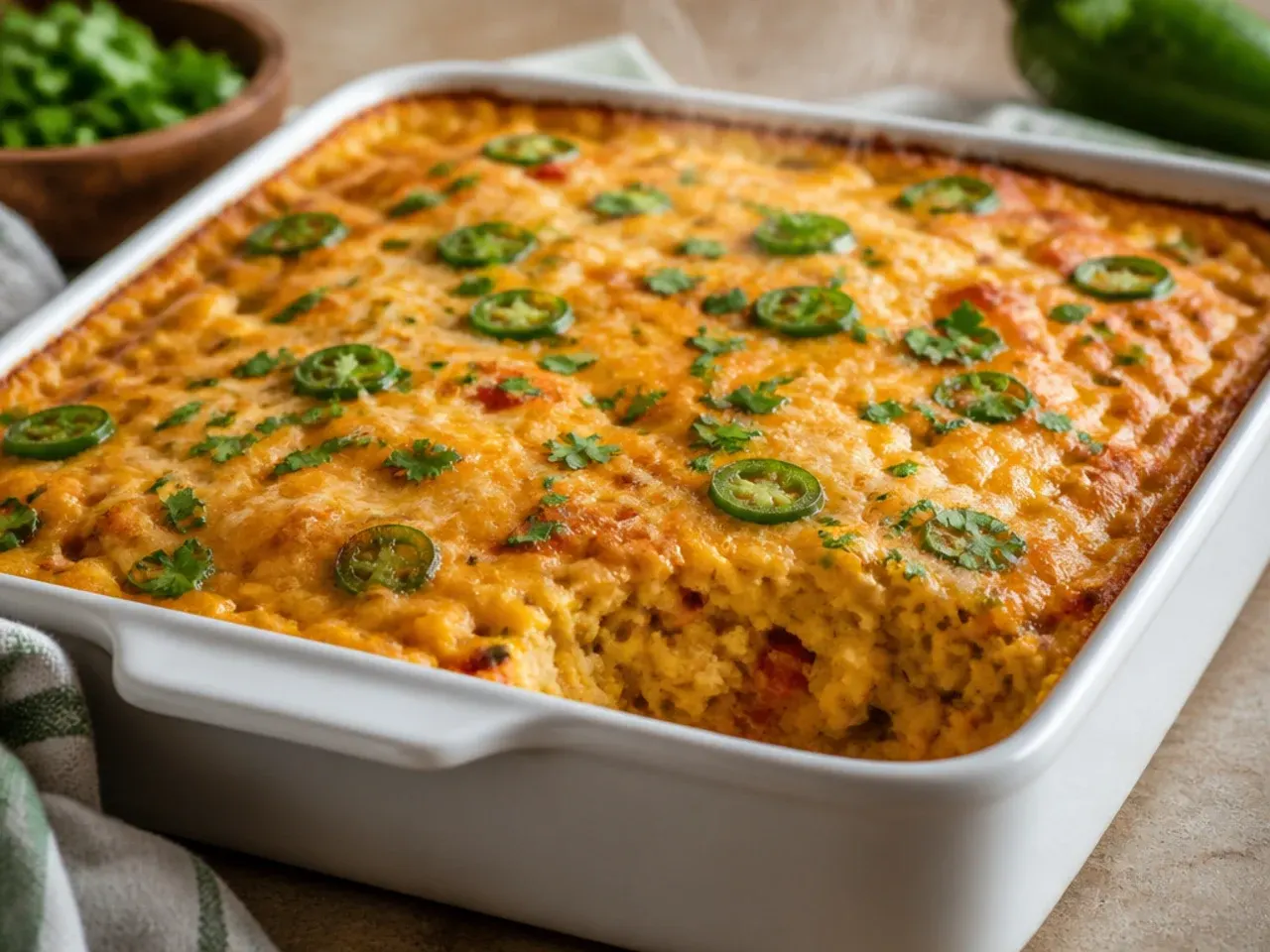 Pepper jack cheese melting over a spicy cornbread casserole