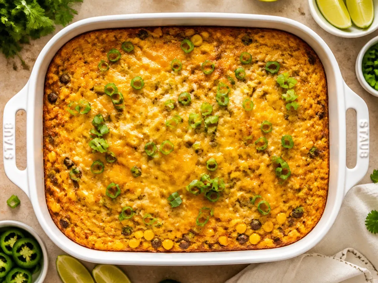 Pantry-staple ingredients for a budget mexican cornbread casserole laid out beside the baking dish