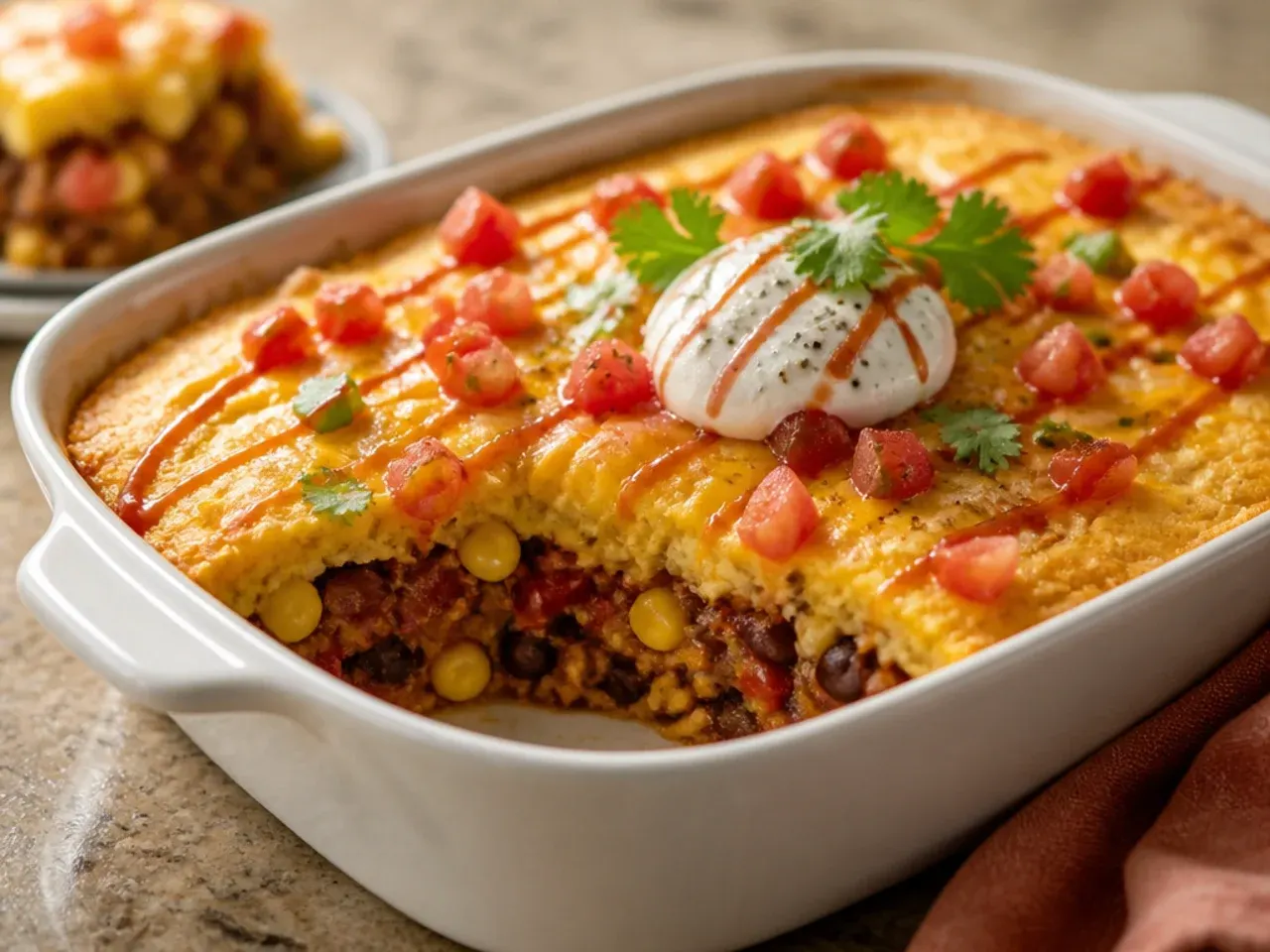 Large potluck-sized mexican cornbread casserole in a 13x9 inch baking dish