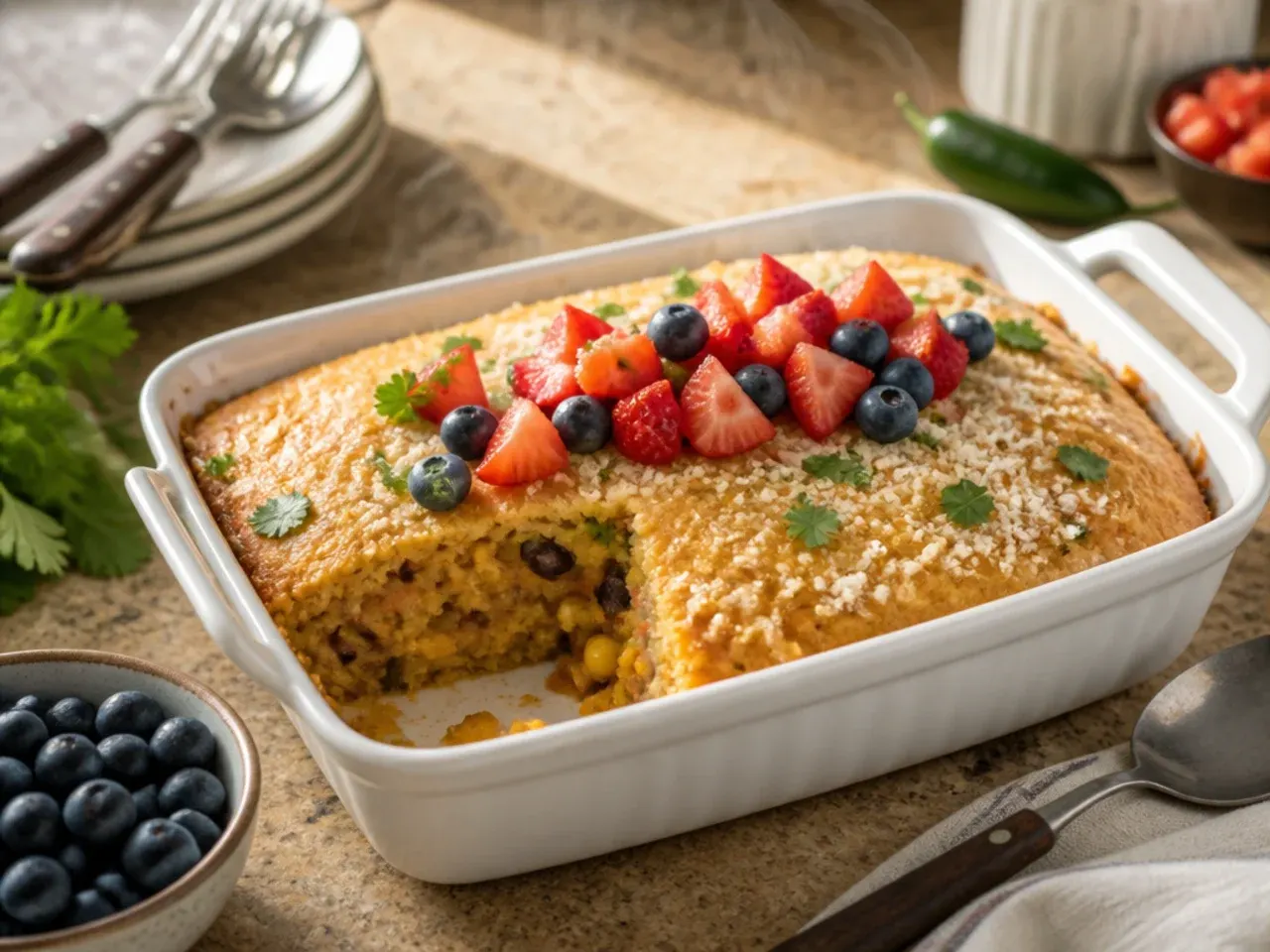 Mild family-style cornbread casserole cut into square portions