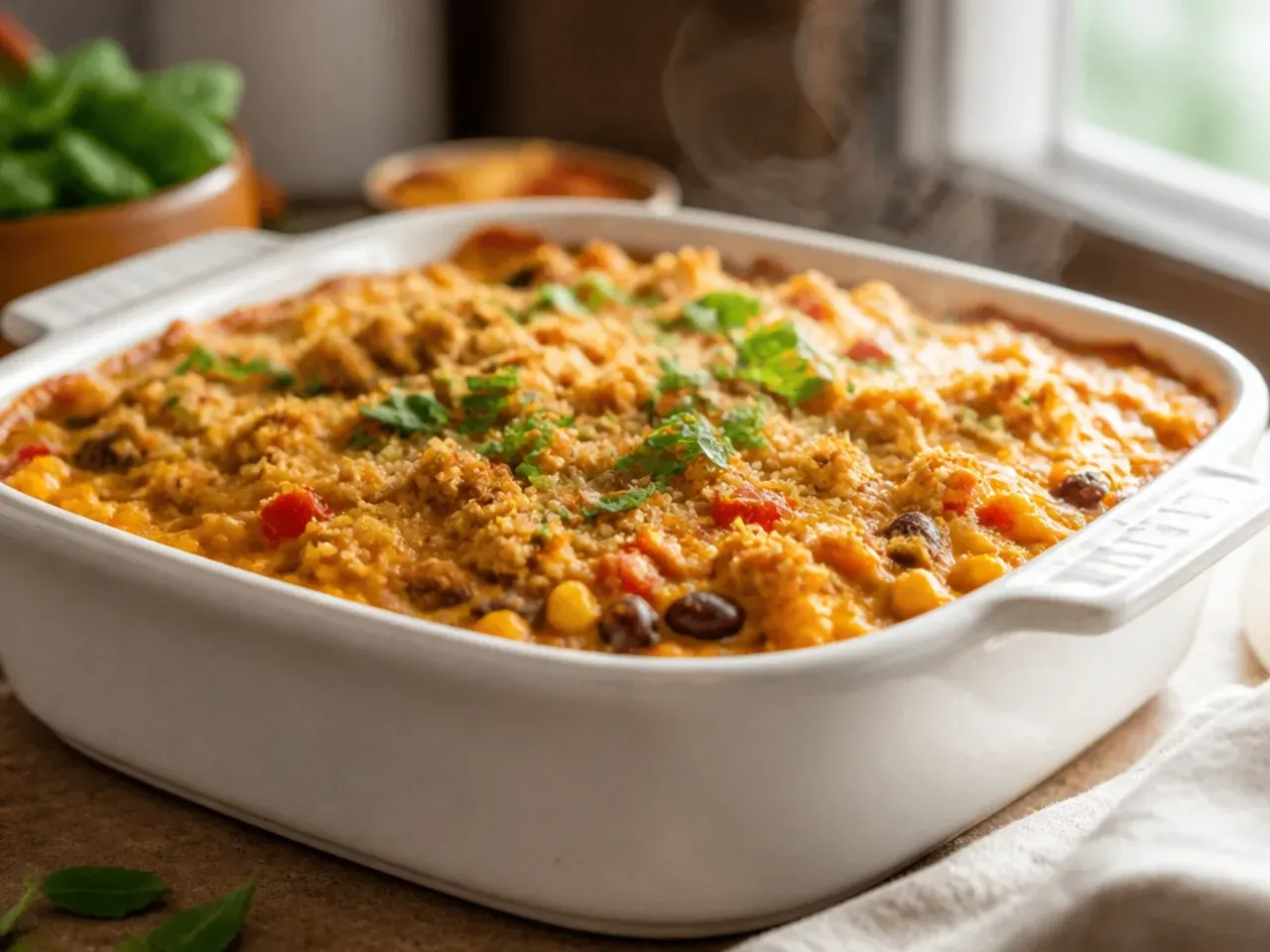 Festive cornbread casserole garnished with avocado, coriander and lime