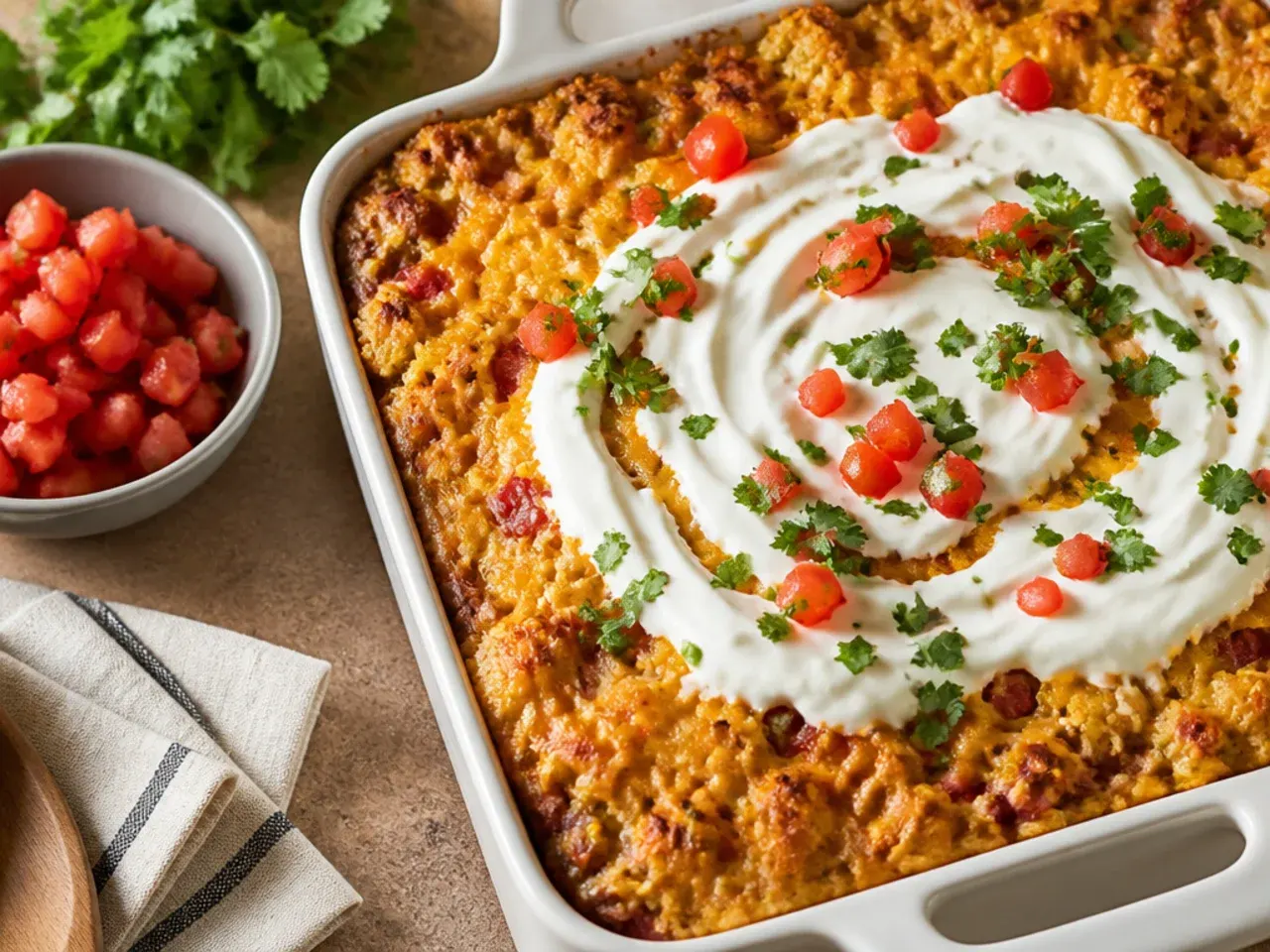 Quick weeknight skillet cornbread casserole cooling on a trivet