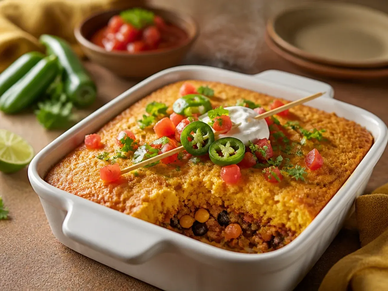 Rich buttermilk-enriched cornbread topping on a Tex-Mex casserole