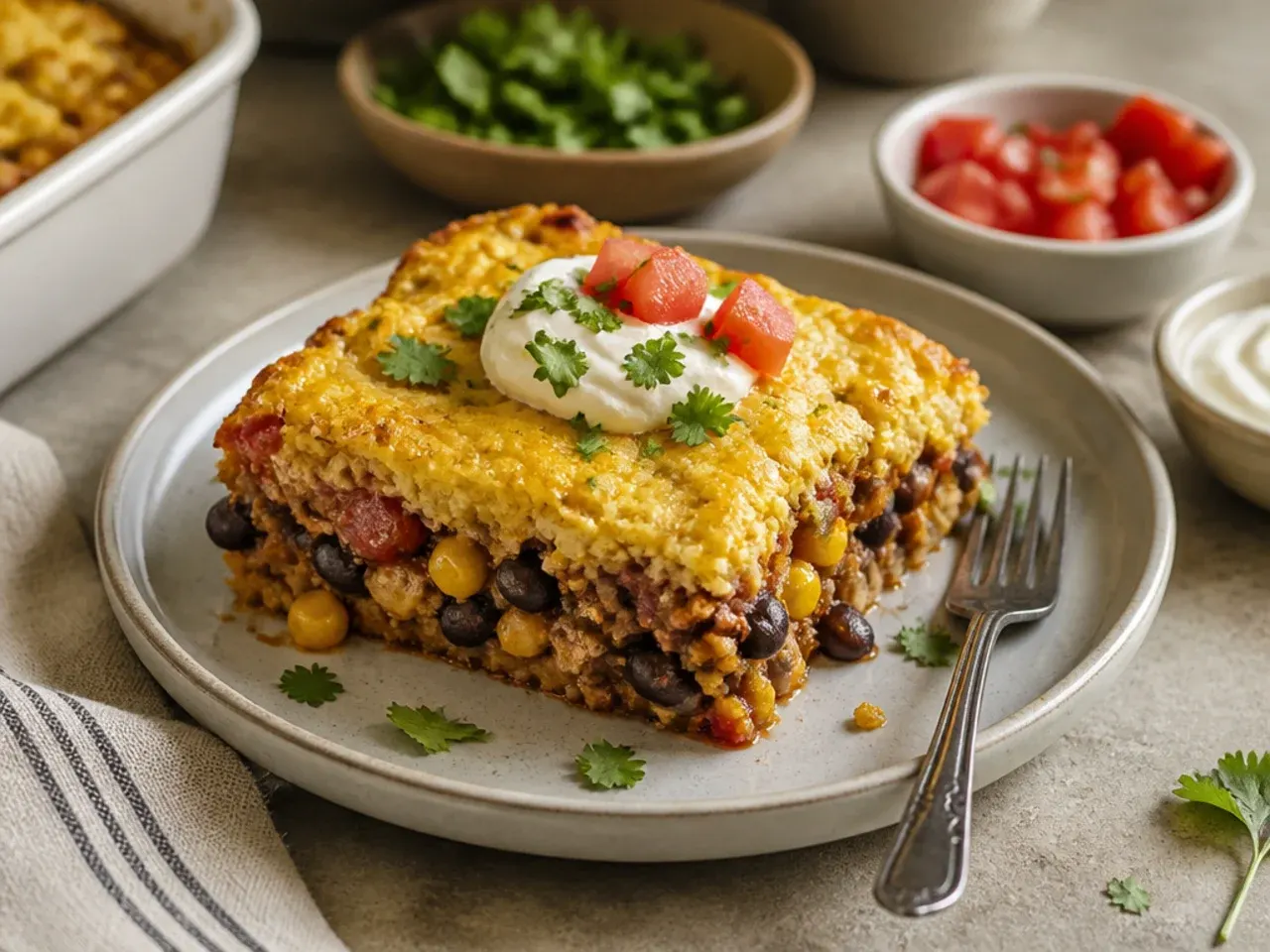 A plated serving of mexican cornbread casserole with a side salad and sour cream