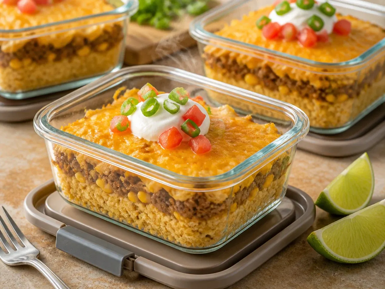 Leftover mexican cornbread casserole portioned into an airtight storage container