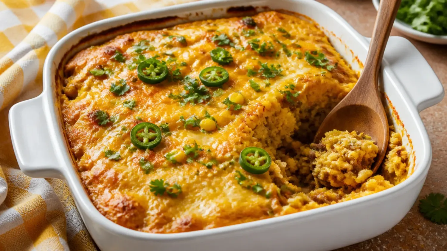 Golden mexican cornbread casserole in a baking dish, topped with melted cheese and fresh coriander