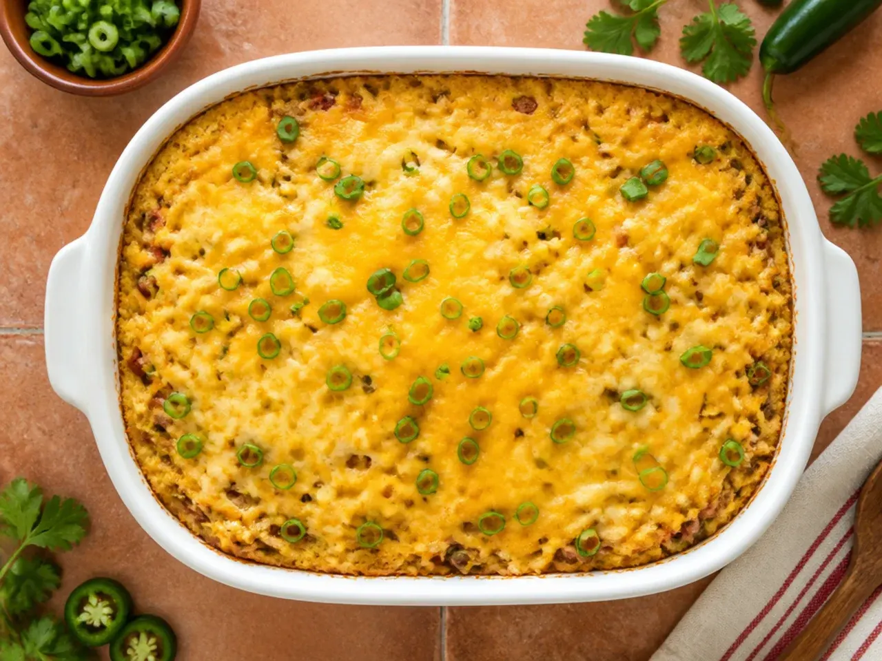 Slice of classic mexican cornbread casserole showing beef and bean filling under cornbread topping
