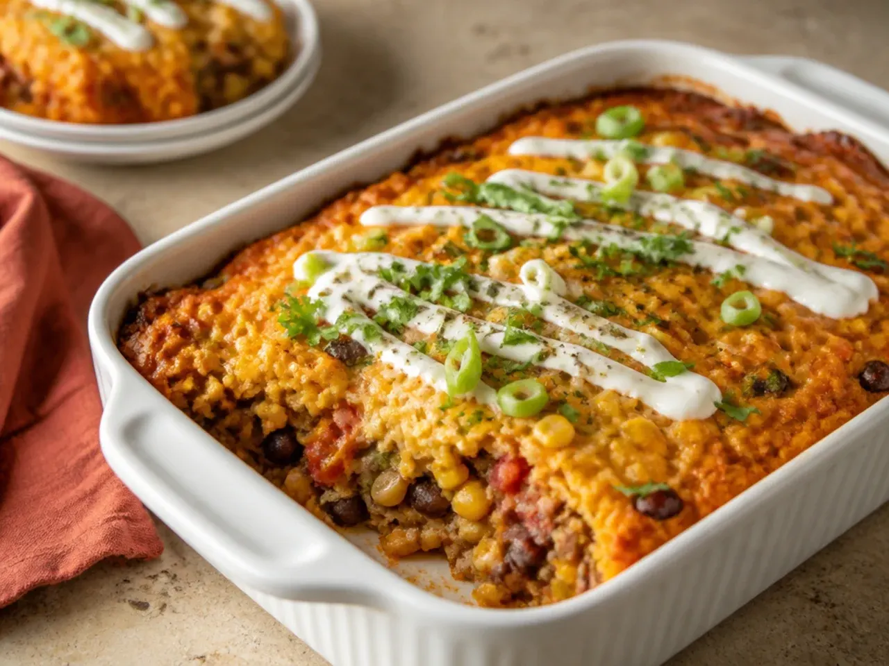 Hands spooning boxed cornbread mix batter over meat filling in a casserole dish