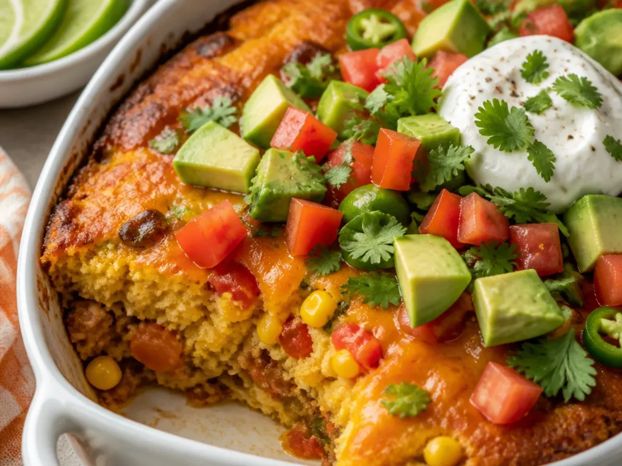 Steaming spoonful of cozy mexican cornbread casserole with creamed corn topping being lifted from the dish