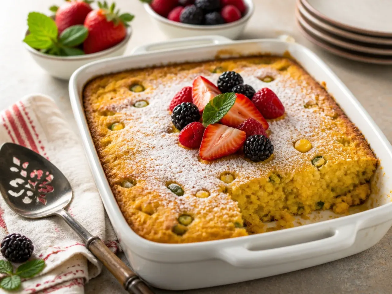 Simple mexican cornbread casserole with minimal ingredients in a white baking dish