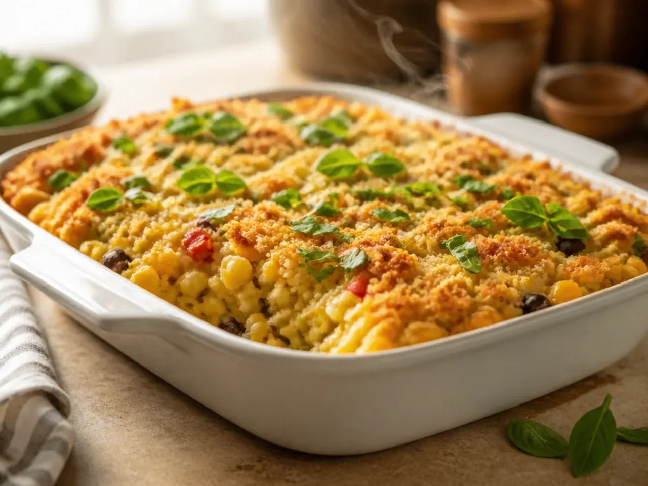 Cross-section of creamy mexican cornbread casserole showing a rich, cheesy filling layer