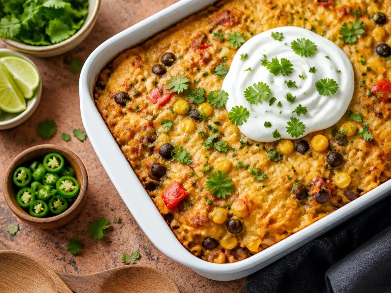 Loaded mexican cornbread casserole topped with tortilla chips, avocado and spring onions