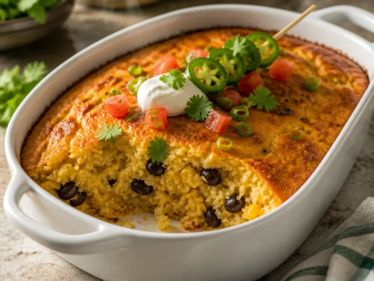 Golden brown best-ever mexican cornbread casserole with a double layer of melted cheese