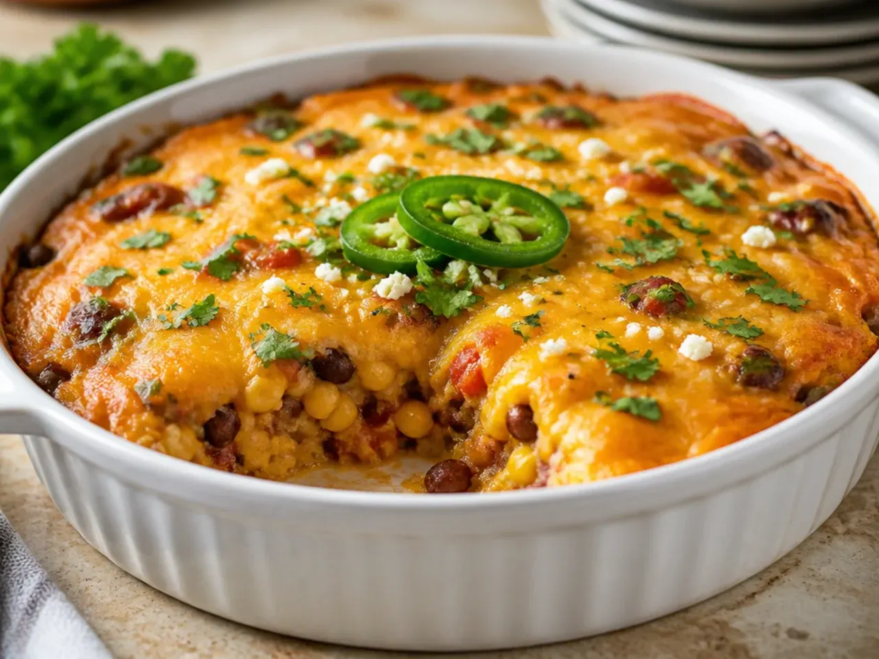 Extra cheesy mexican cornbread casserole with stretchy melted cheese pull