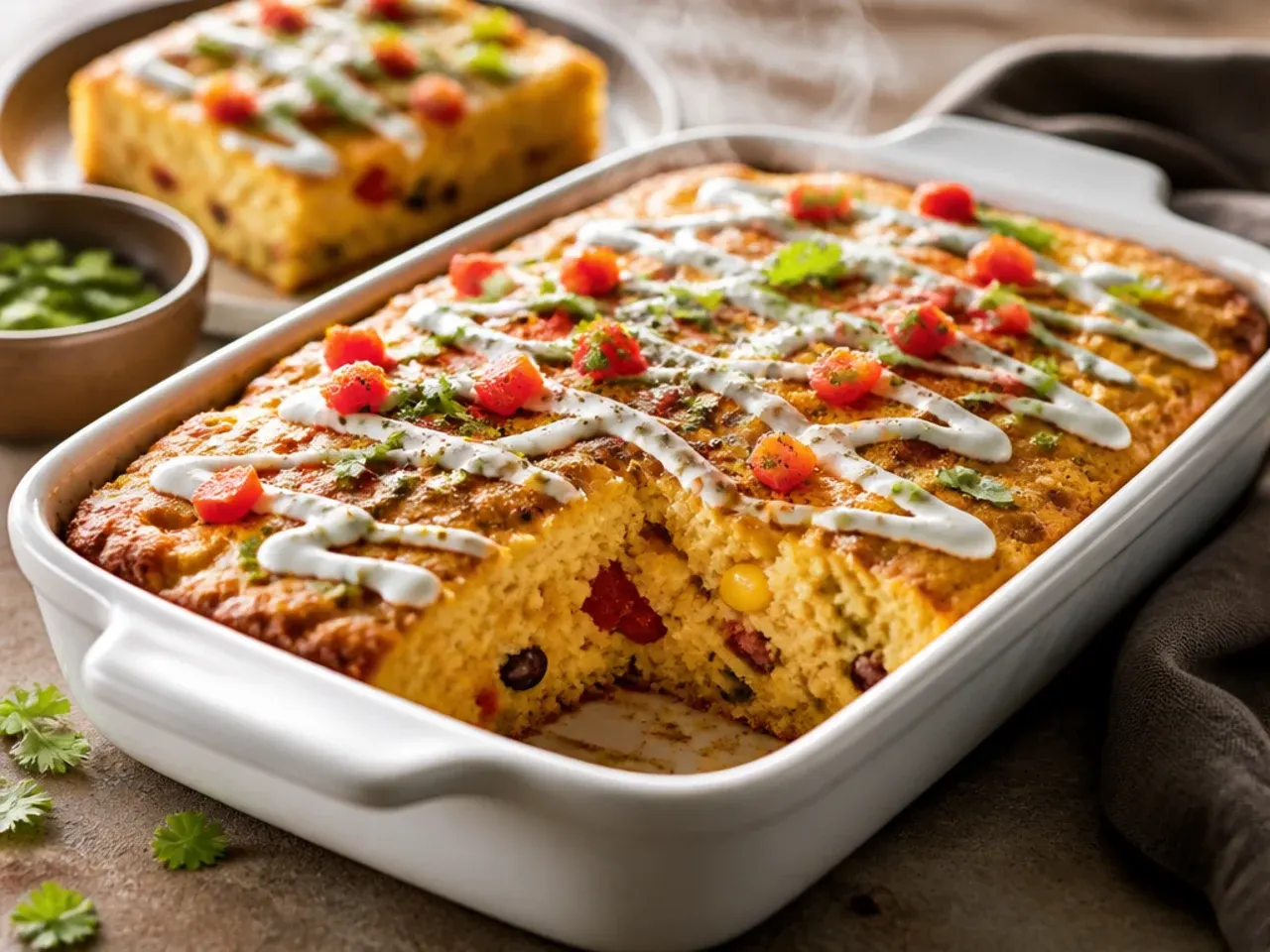 Large crowd-pleasing mexican cornbread casserole in a big dish with toppings on the side