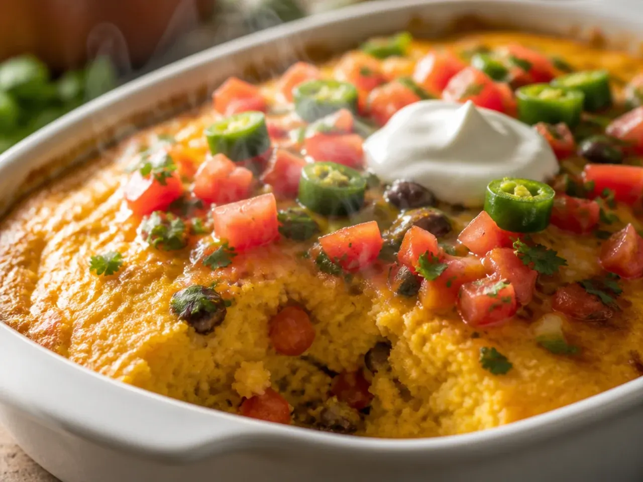 Make-ahead mexican cornbread casserole filling stored in a container ready to be topped and baked