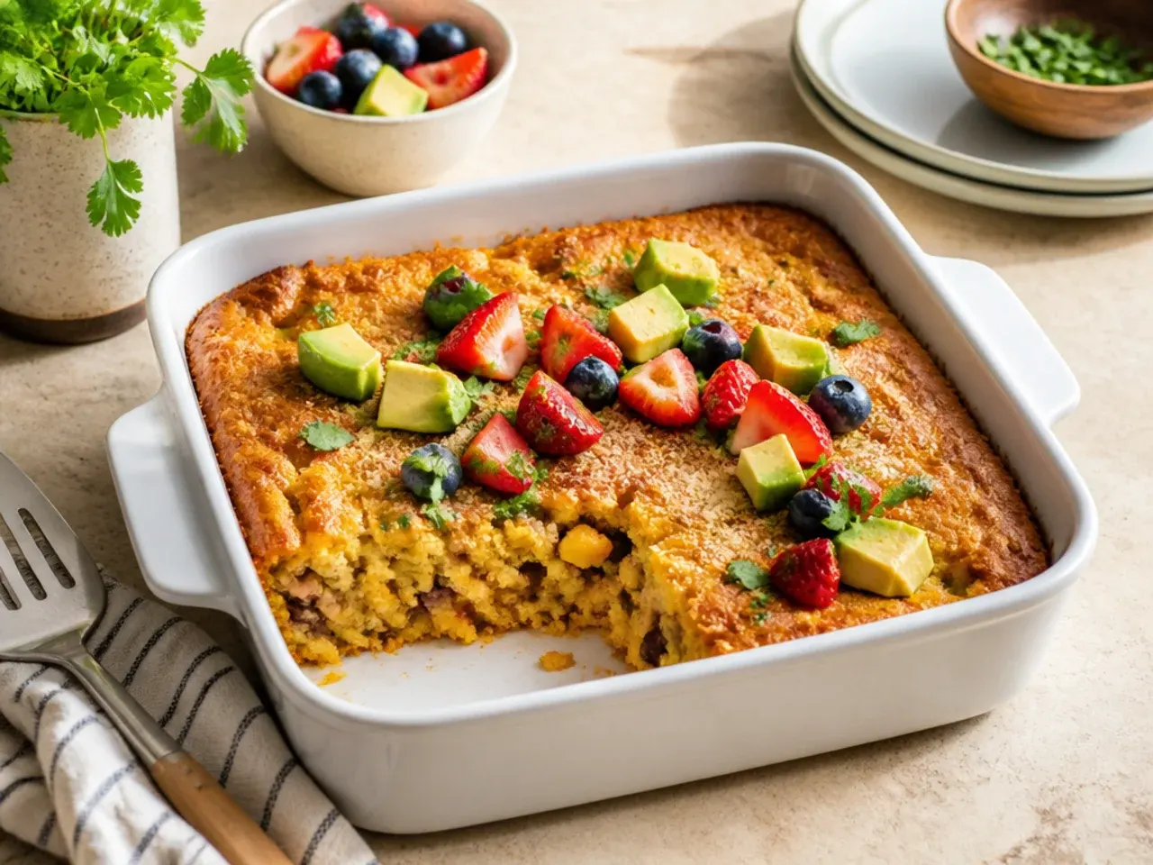 Family-style mexican cornbread casserole cut into neat square portions