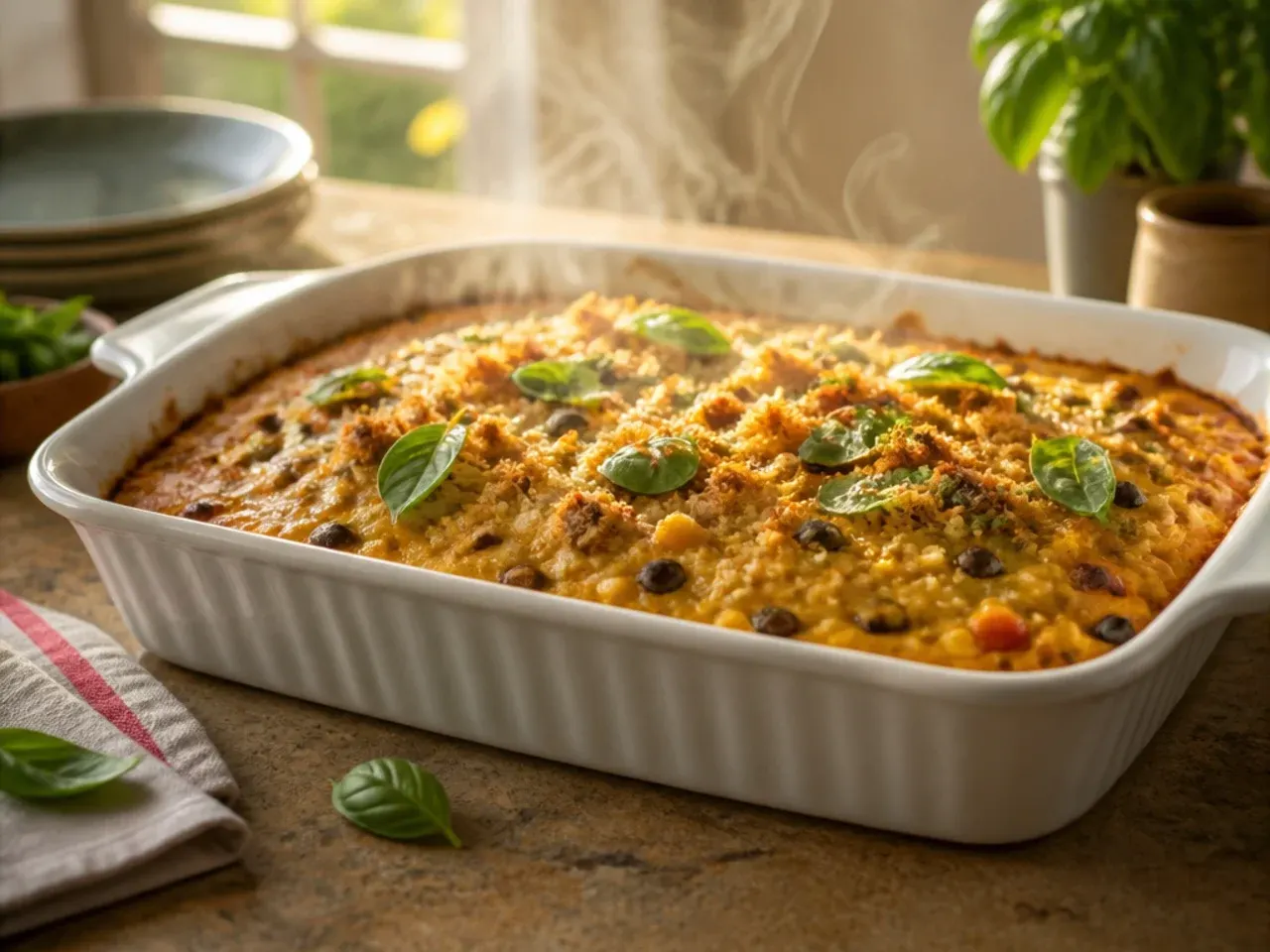 Festive mexican cornbread casserole in a cast iron skillet garnished with red pepper and herbs