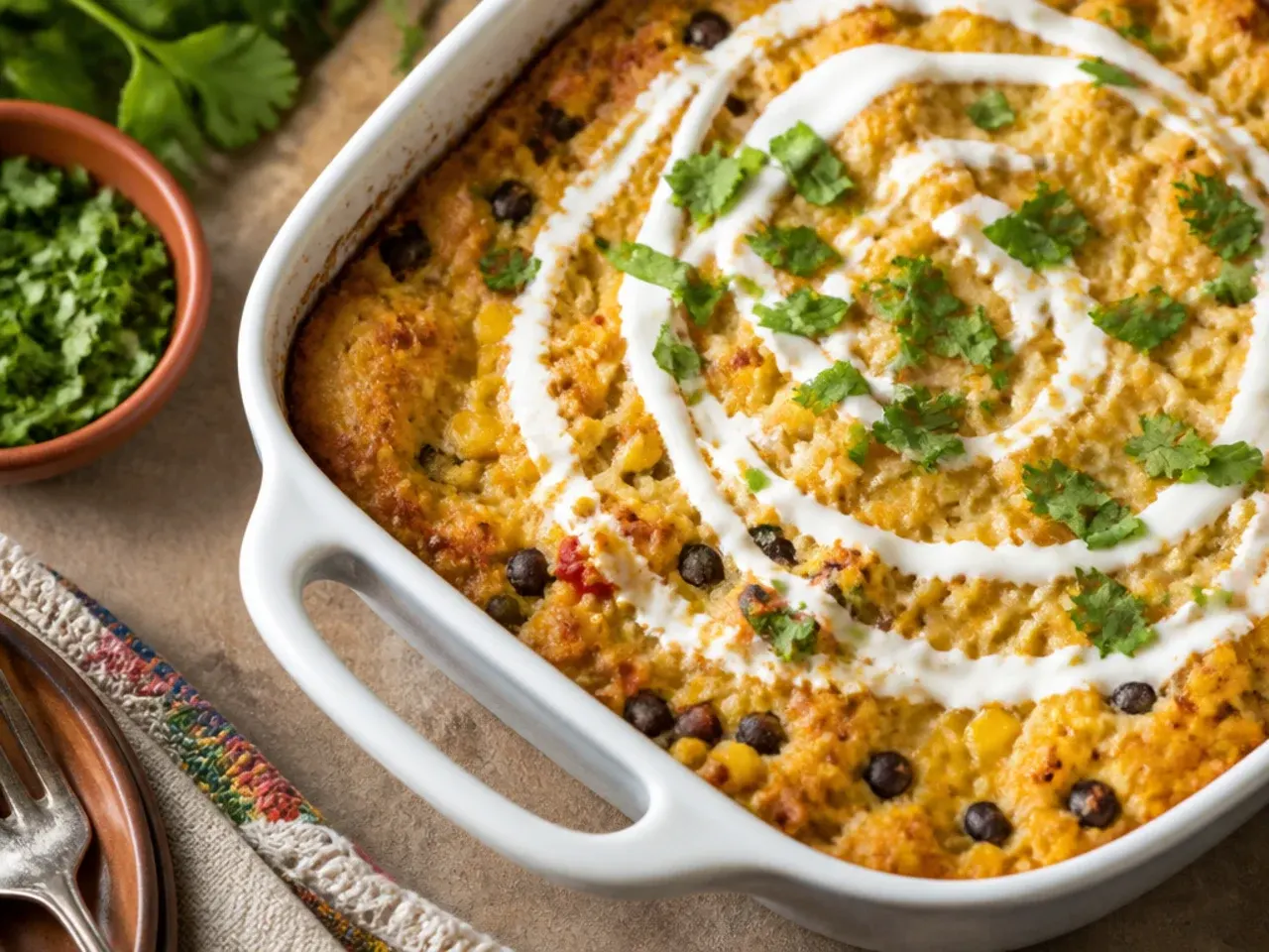 Quick mexican cornbread casserole made with shredded rotisserie chicken