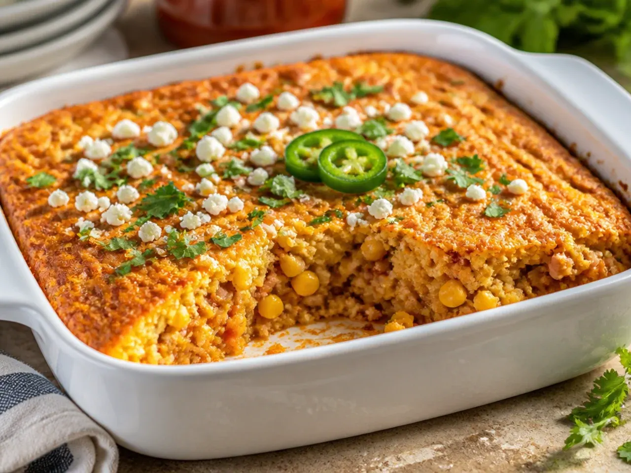 Classic mexican cornbread casserole made with fresh tomatoes and lime