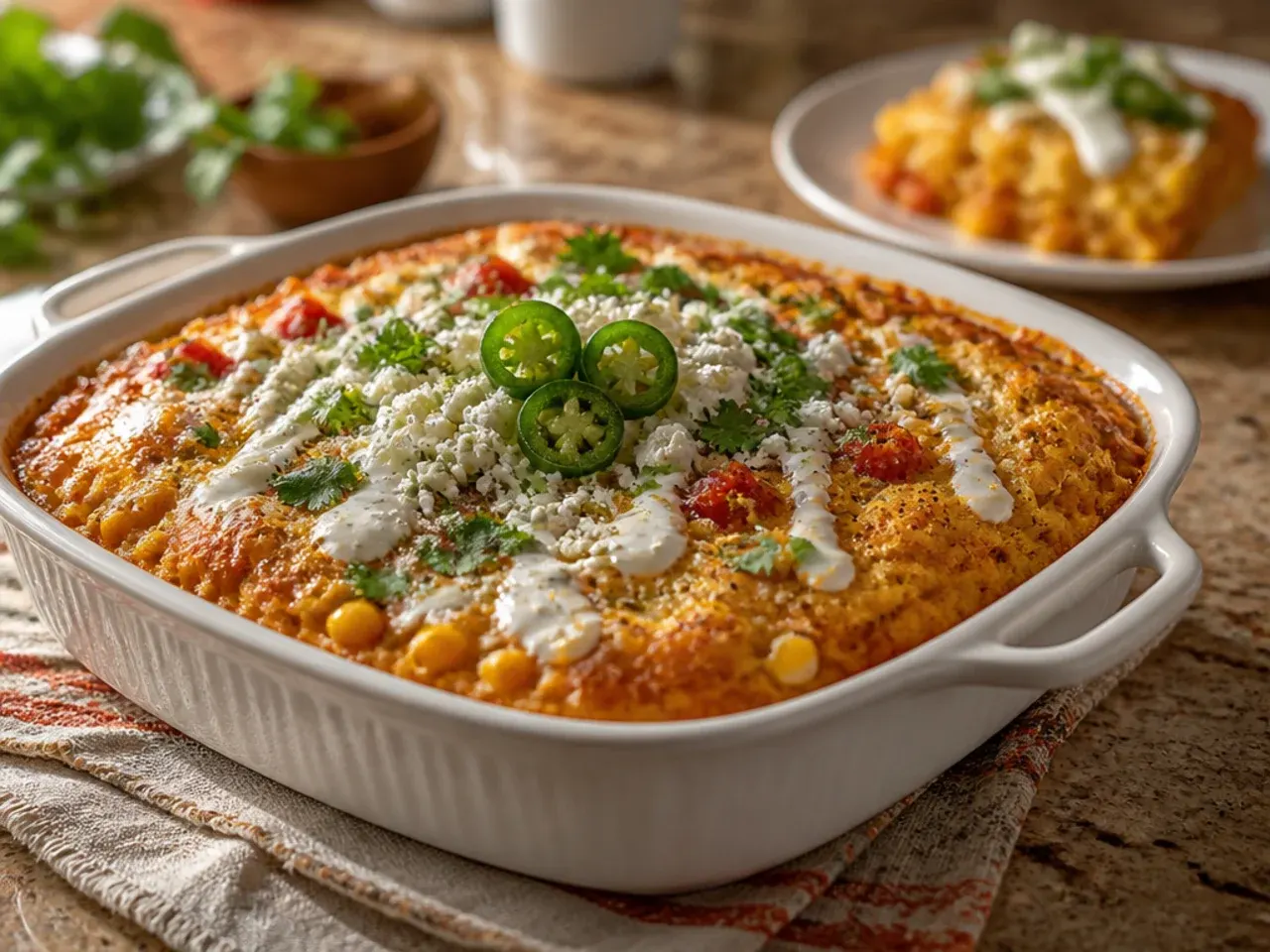 Cozy mexican cornbread casserole with roasted sweet potato mixed into the filling