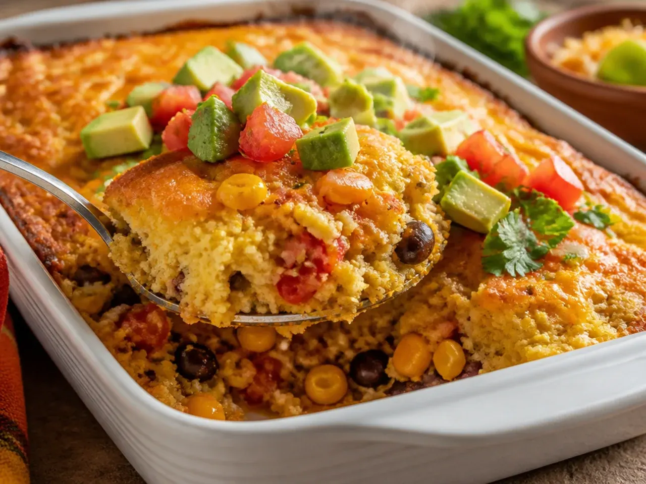 Simple vegetarian mexican cornbread casserole with black beans and corn