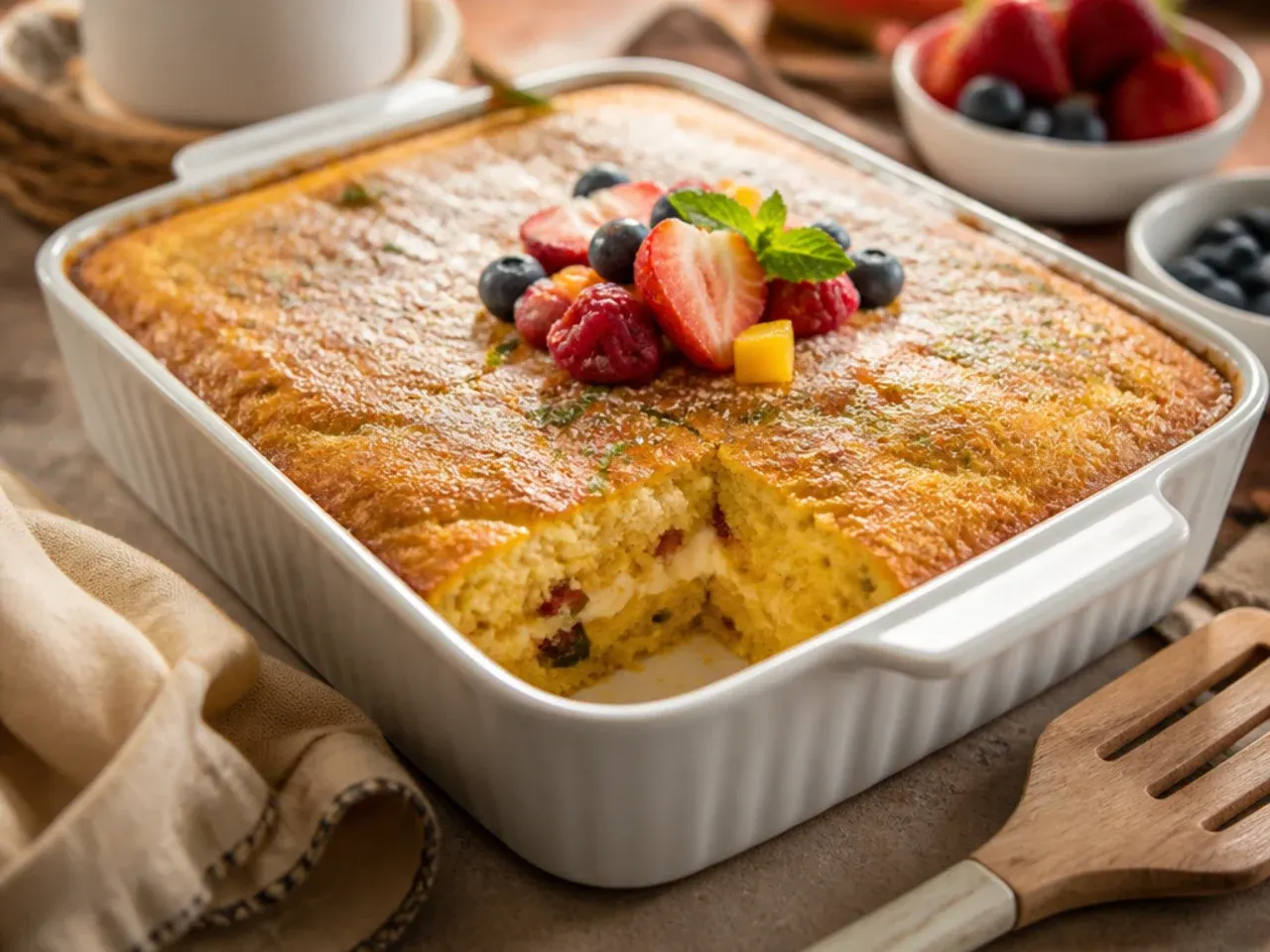 Creamy mexican cornbread casserole with a smooth, rich filling visible in cross-section