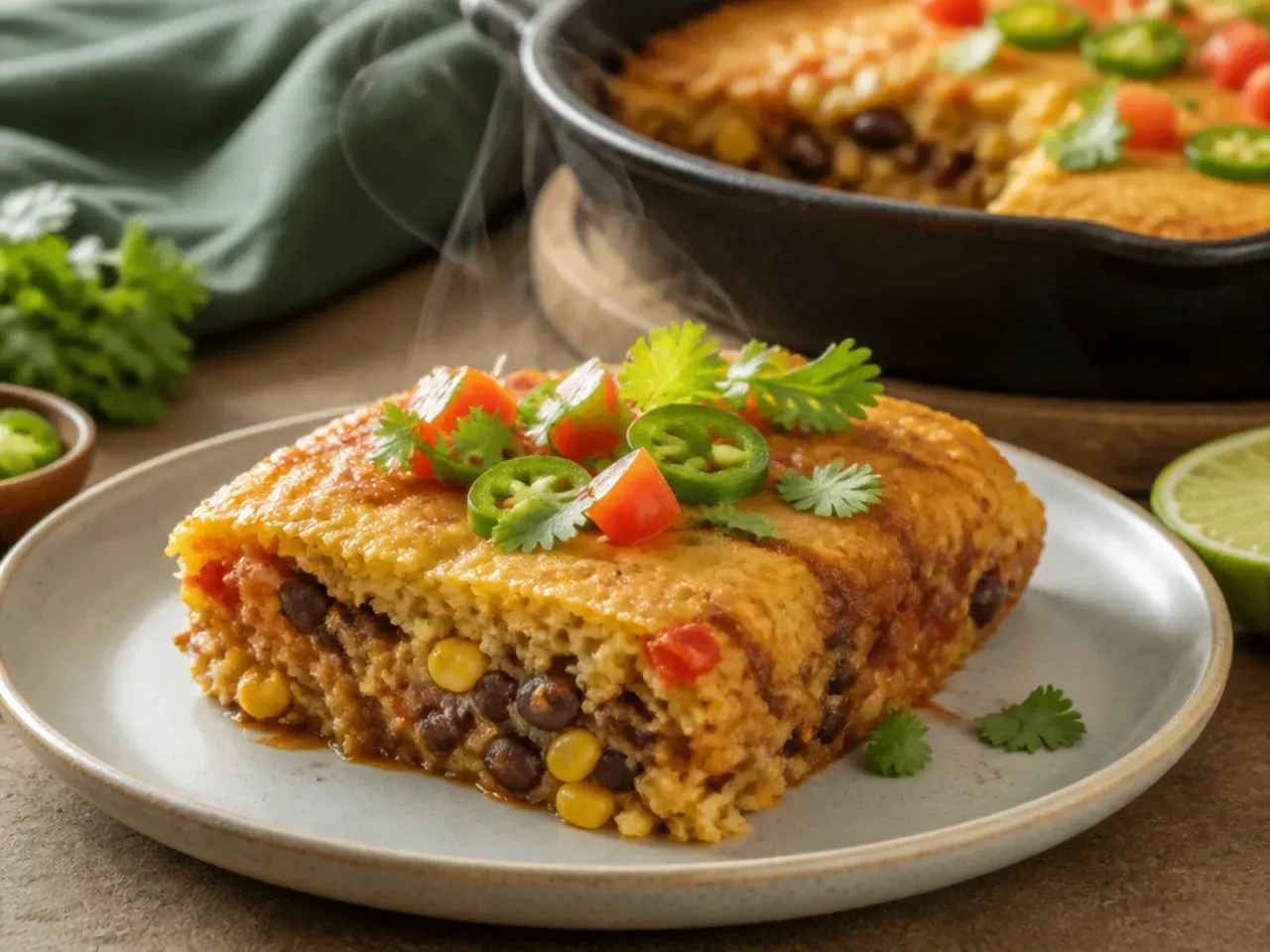 Plated serving of mexican cornbread casserole with salad and avocado on the side