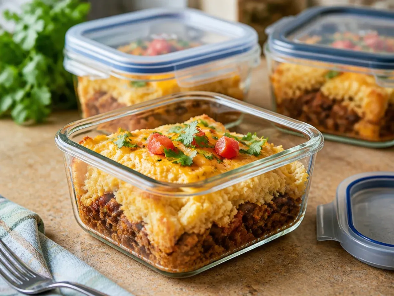 Mexican cornbread casserole portioned into containers for storing in the fridge