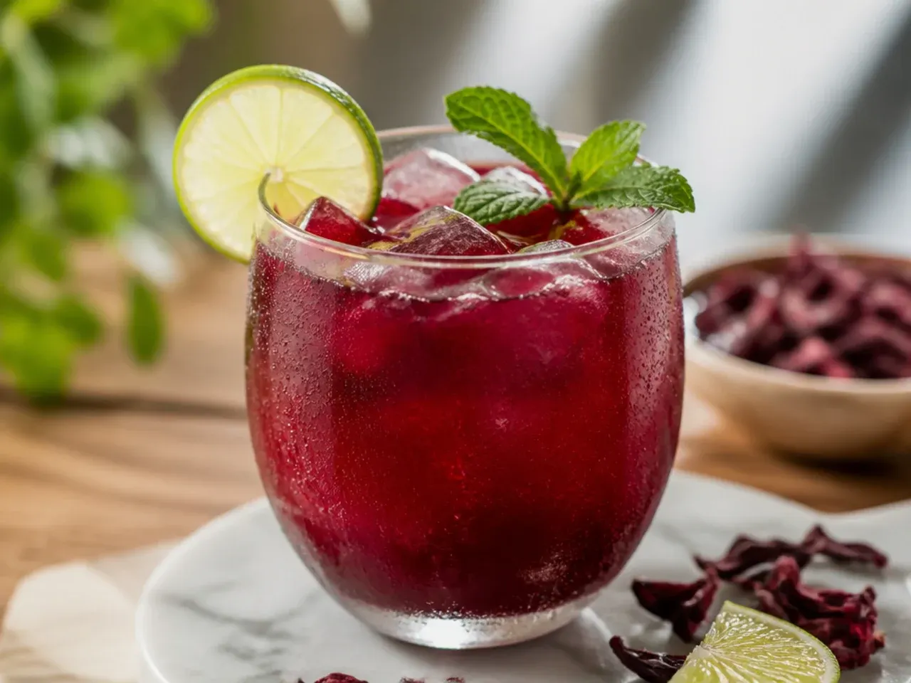 Overhead shot of several Mexican non alcoholic drinks in glasses arranged on a wooden table